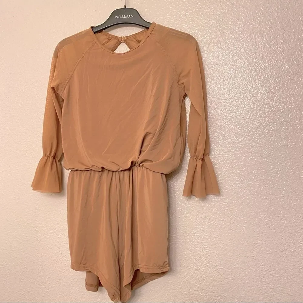 WEISSMAN Balera Dance Costume long Flounce Sleeve Romper MJ11781 tan Child LC